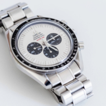 Stuttgart, Germany - May 26, 2016: Omega Speedmaster Professional Apollo XI 35th Anniversary Chronograph with rare White Dial, black bezel and steel bracelet. The Speedmaster Apollo XI 35th Anniversary: Ref. SU 145.0227 is  a very rare one, with its white ePandaf Dial ? a white face with black sub-counters. Under the mention Professional at 12 is written in red gJuly 20, 1969h.